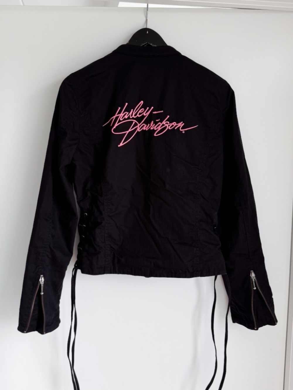 Harley-Davidson Black Cotton Side Lace Up Moto Jacket Pink Script Logo S